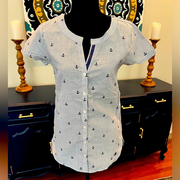 Brakeburn embroidered anchor button down scoop neck cottonshirt size 8 - Picture 1 of 8